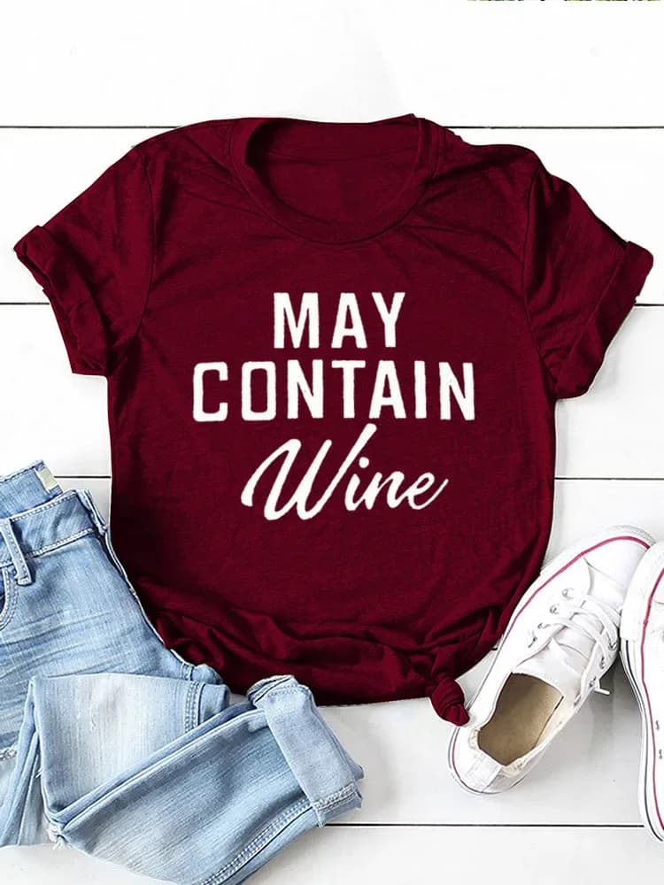 T-shirt manches courtes col rond femme, ample, avec lettres de vin imprimées