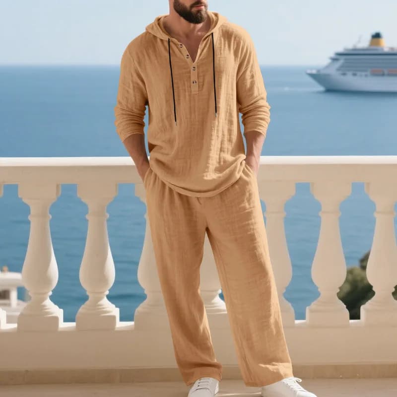 Costume décontracté en lin pour hommes, chemise Henley ample à capuche, pantalon à manches longues, 