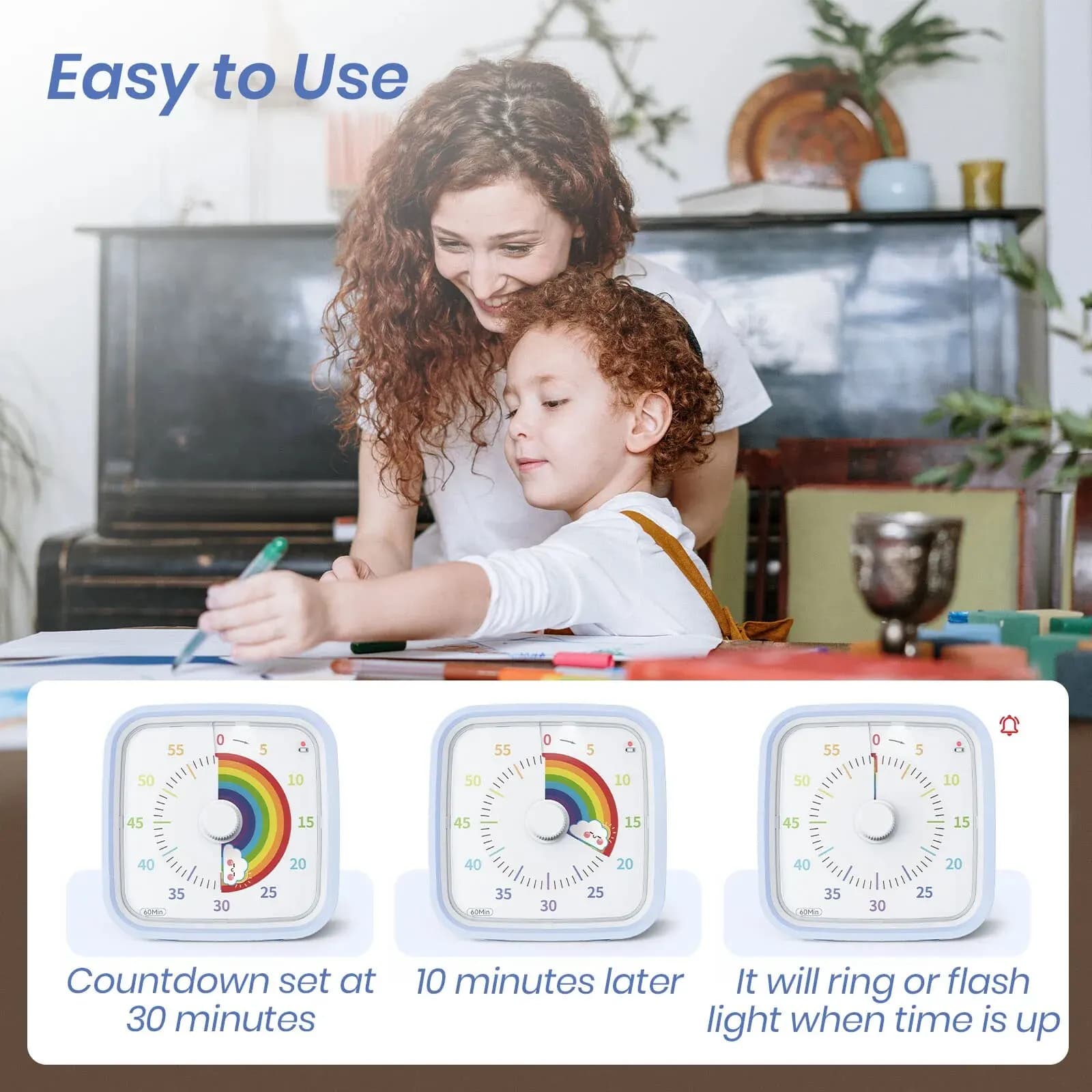 Yunbaoit-Minuterie visuelle à disque arc-en-ciel avec étui de protection, compte à rebours de 60 min