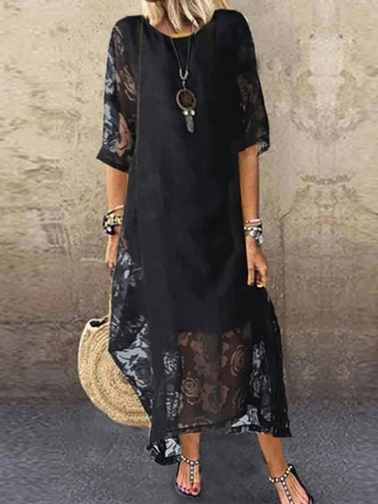 Robe longue en dentelle ajourée pour femme, couleur unie, manches mi-longues, tennis, broderie flora