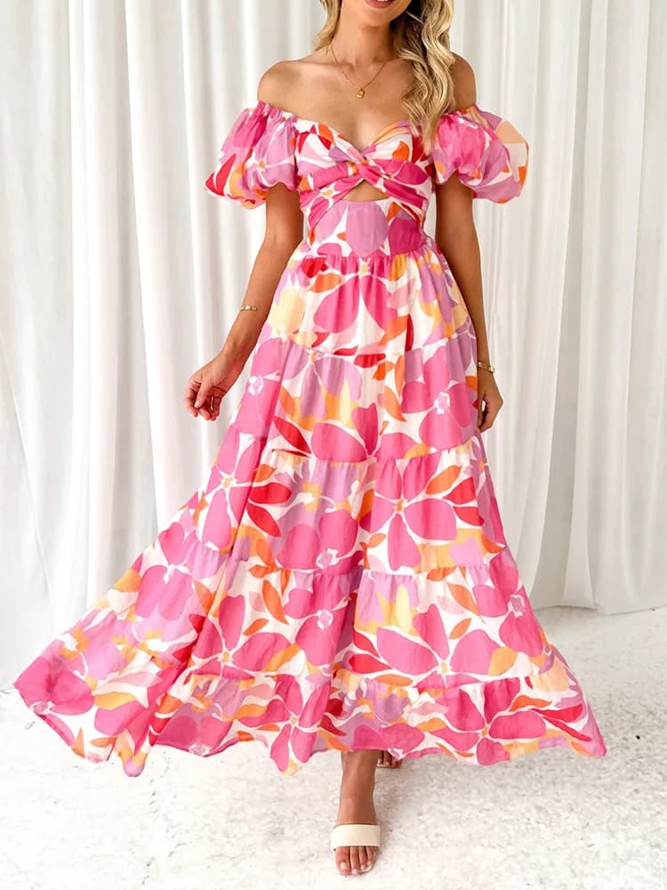 Robe maxi à manches bouffantes évidées pour femmes, robe de soirée à imprimé patchwork pour femmes, 