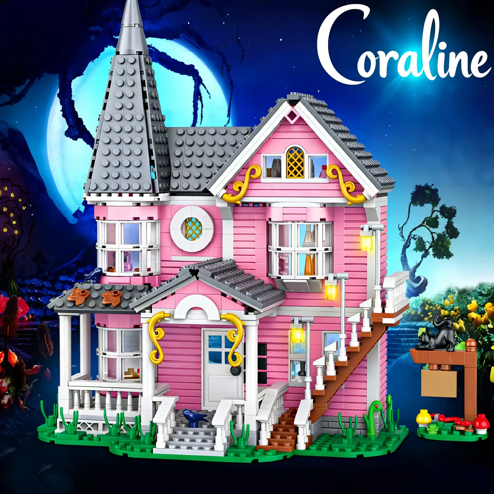 Ensemble de blocs de construction du palais rose emblématique de Coraline, modèle de maison hantée f