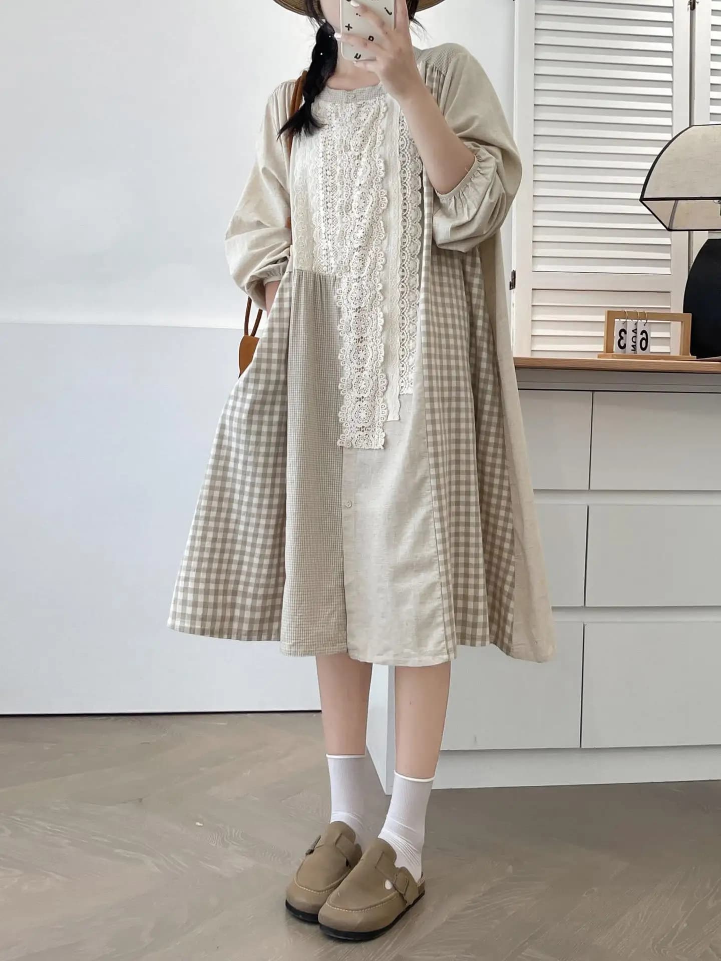 Nouvelles robes d'été en coton à manches longues pour femmes, dentelle à carreaux brodée pour femmes