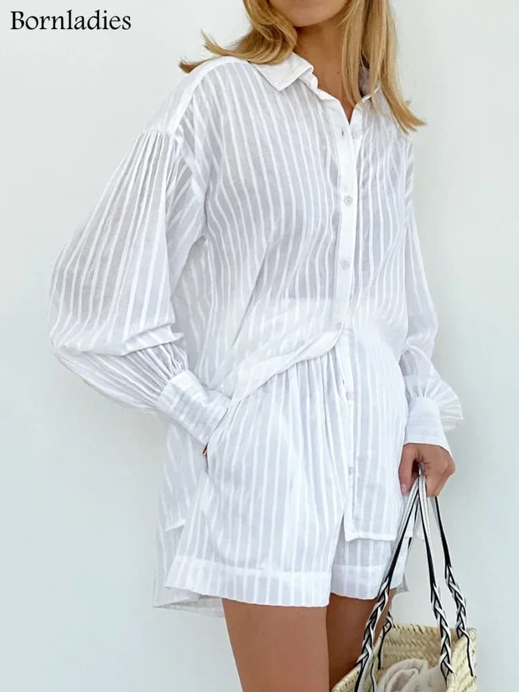 Bornladies-Ensemble short décontracté rayé jacquard, 2 pièces, chemise confortable à revers, manches