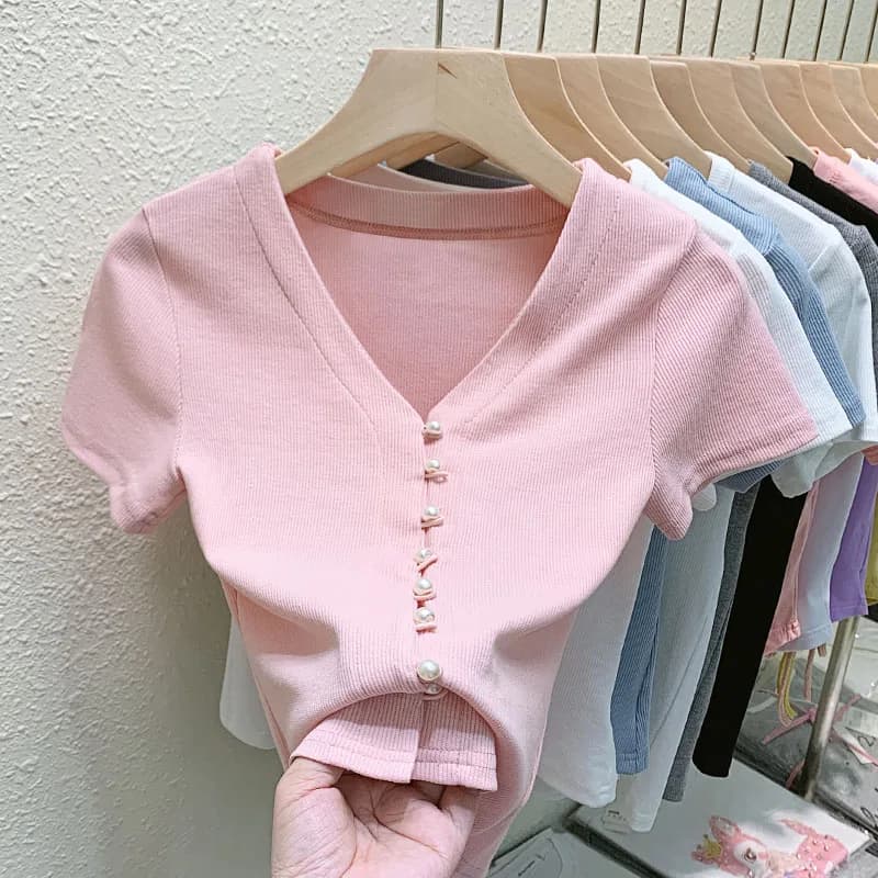 T-shirt court à col en V avec boutons en perles pour femme, cardigan slim, monochrome, t-shirt d'été