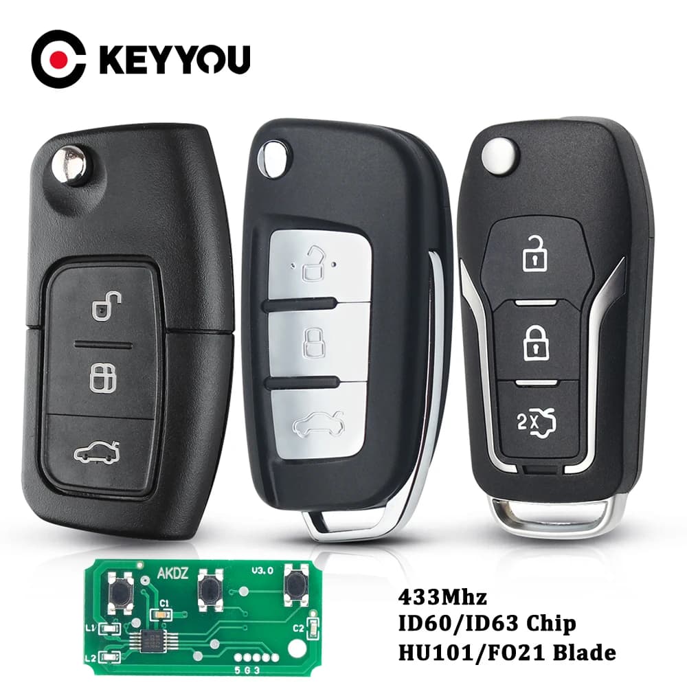 KEYYOU – clé télécommande de voiture à puce, 3 boutons, 433Mhz, ID60/63, pour Ford Fusion Focus Mond