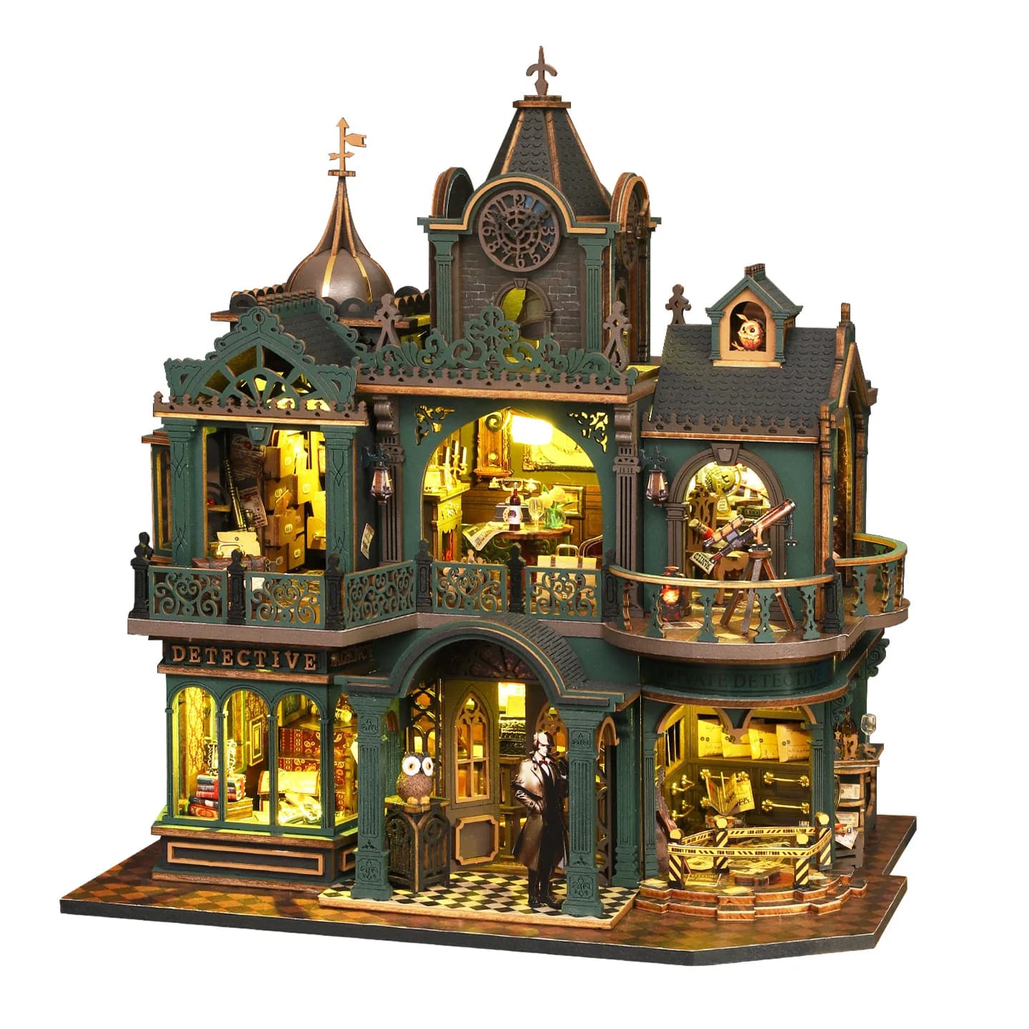 Kit de maison de poupée Booknook Green Detective Agency, niche à livres 3D en bois sur le thème du m