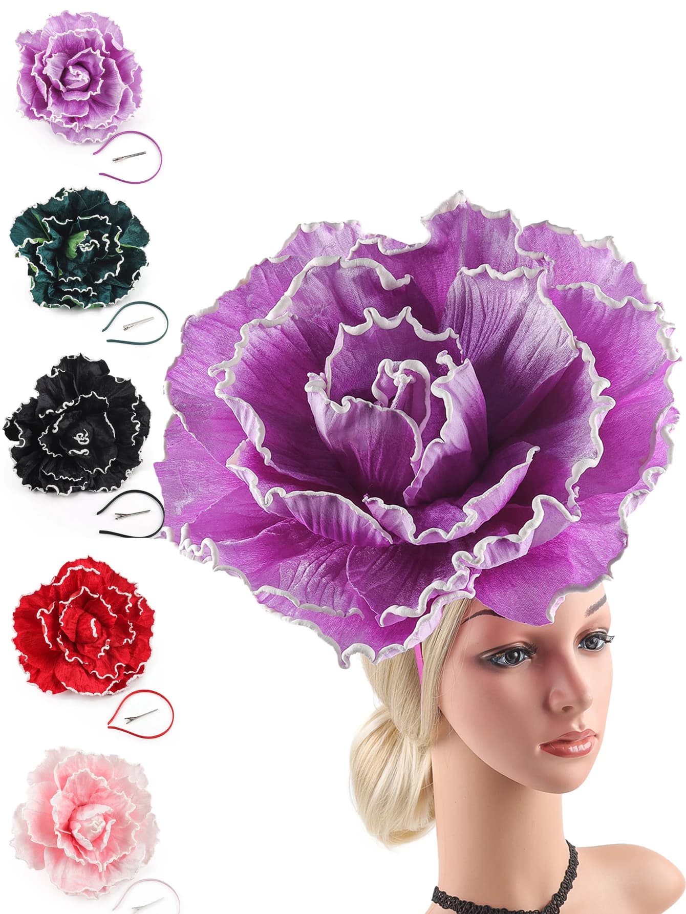 Chapeau fascinateur à fleurs de roses exagérées pour femmes, couvre-chef Kentucky Derby, maquillage 