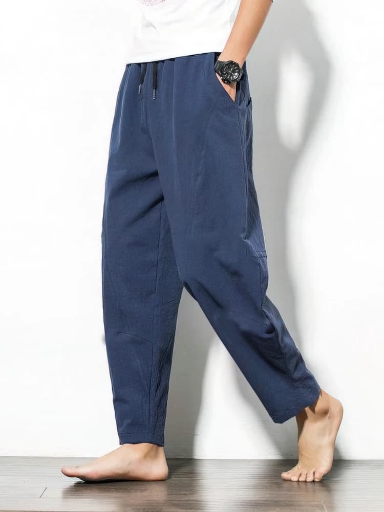 Coton lin survêtement pantalon hommes Baggy pantalon décontracté mâle marche jambe large lâche coton