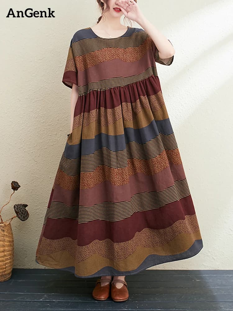 Nouvelle Robe Longue d'Été 2026 en Coton et Lin à Manches Courtes, Imprimé Rayé Vintage, Élégante po
