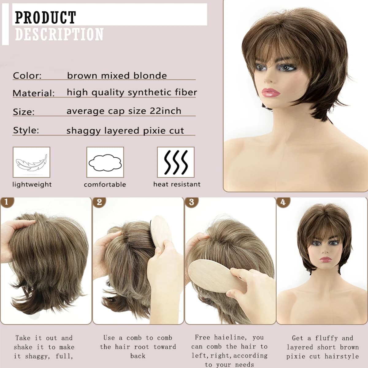 Short marron pour femmes blanches, coupe Pixie superposée avec reflets blonds, cheveux synthétiques 