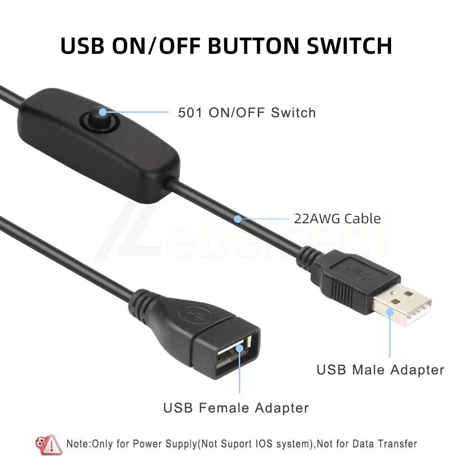 Câble USB mâle à femelle avec interrupteur marche/arrêt, bouton noir et blanc, contrôleur de variate