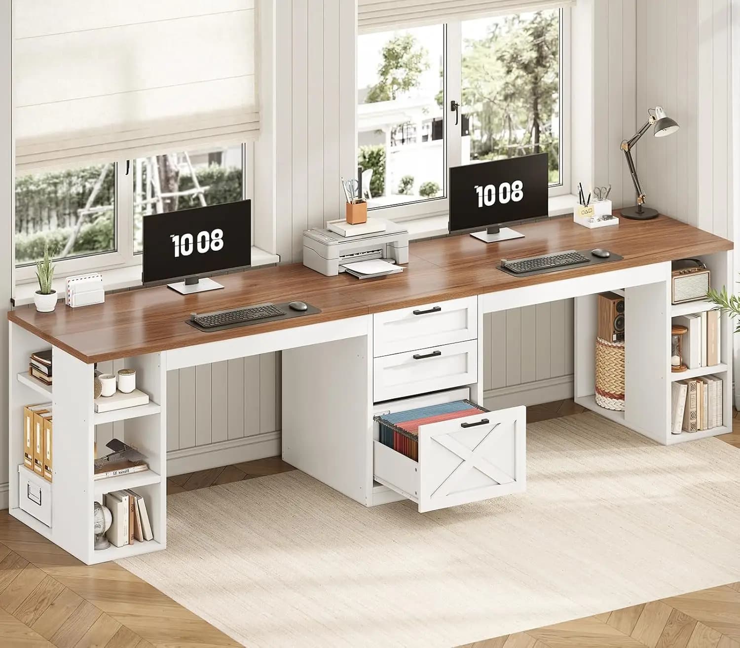 Bureau d'ordinateur Farmhouse de 96,5 pouces avec tiroirs, bureau de travail à domicile pour 2 perso