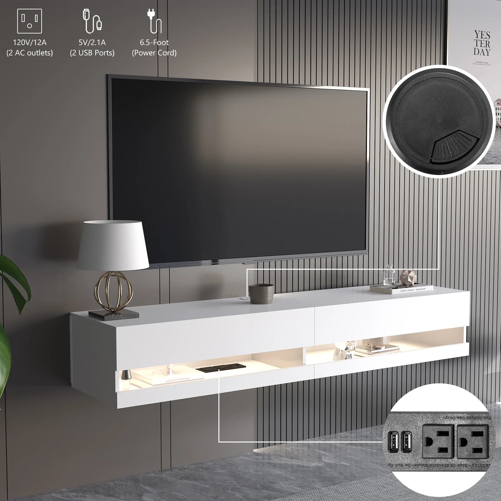 Support TV flottant pour TV 75/80 ", support TV mural LED avec prises de courant, console multimédia