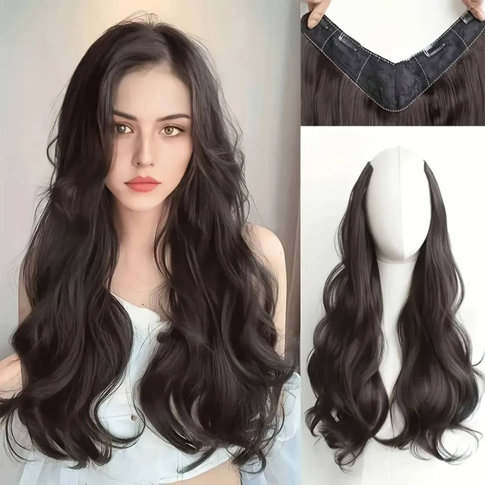 Extension de cheveux synthétiques longs et bouclés de 20 pouces, 4 clips en forme de V, postiche bru