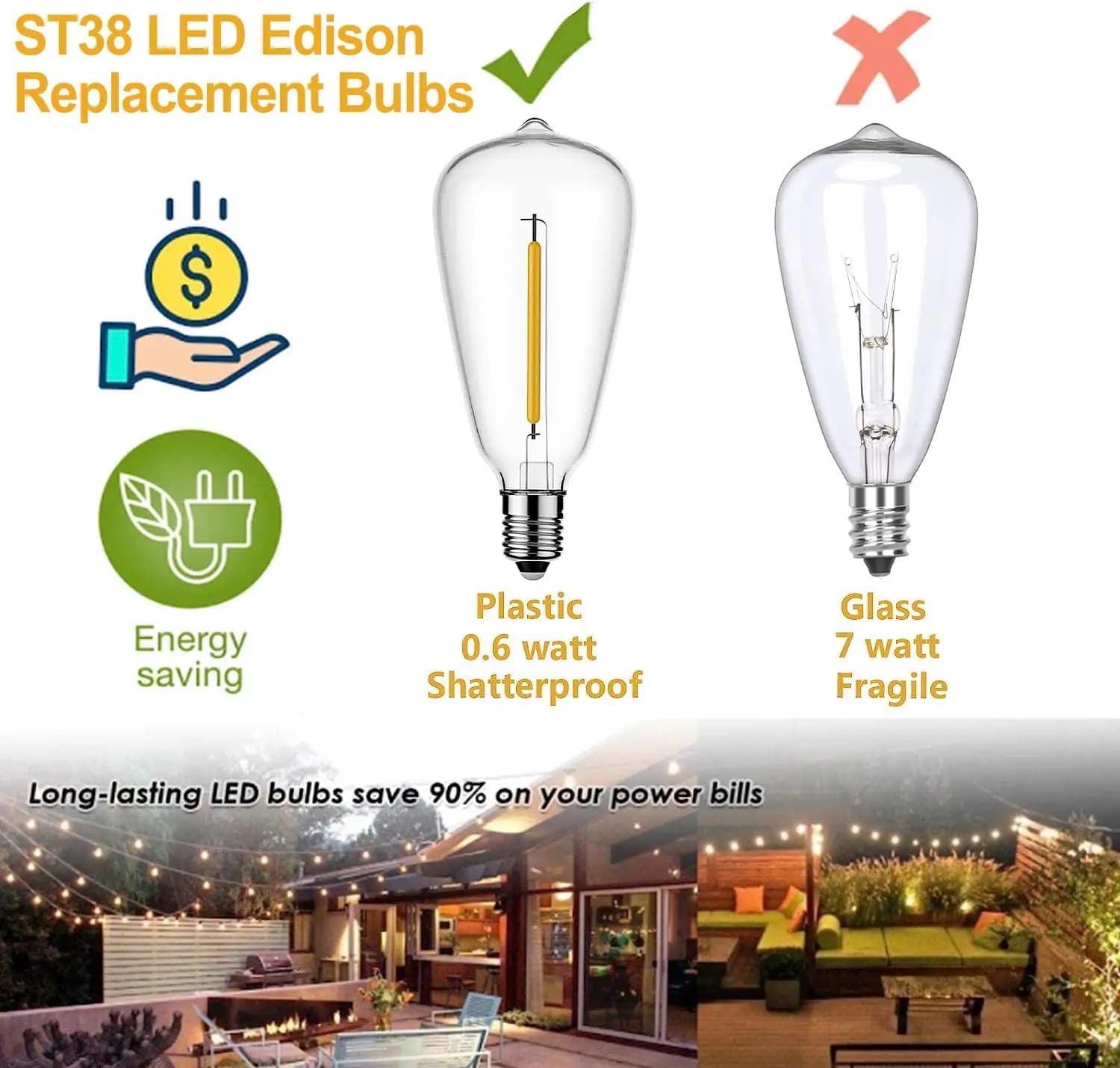 Ampoules incassables décoratives à LED ST38 vintage, ampoules de rechange en plastique E12, 1W, 7W, 