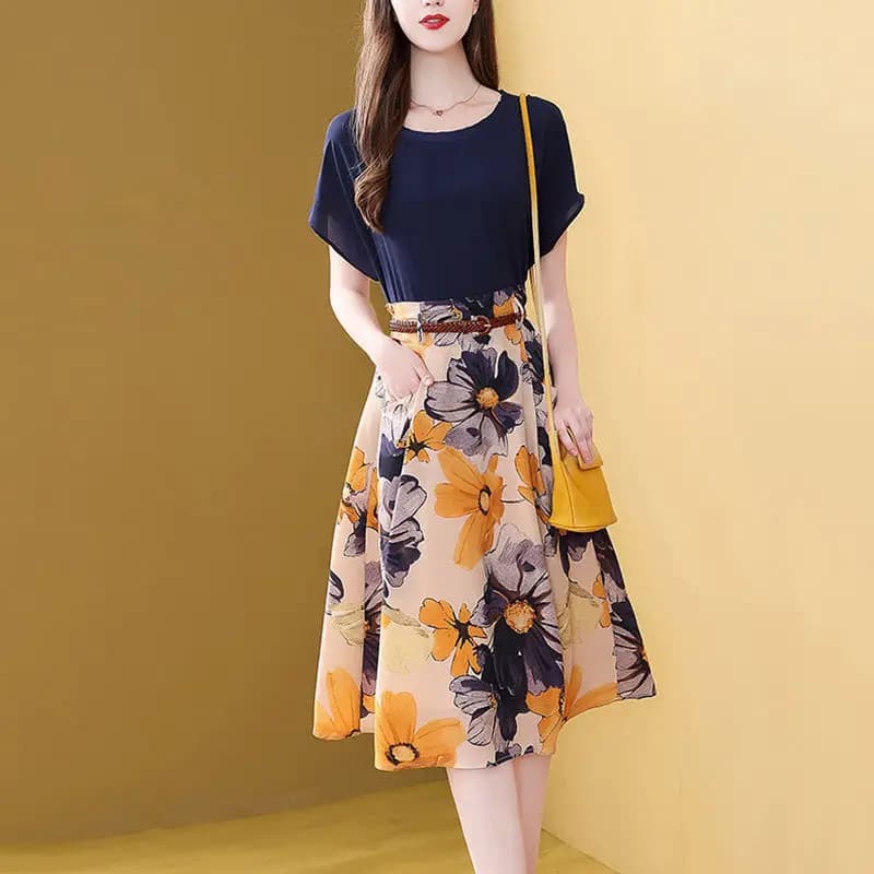 Ensemble 2 pièces élégant rétro pour femme, t-shirt et jupe florale trapèze, vêtements de bureau pou