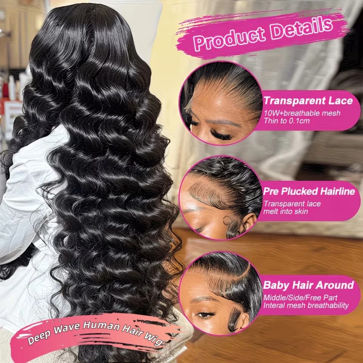 Perruque Deep Wave en cheveux humains, dentelle HD 13x6, bouclée birmane, pré-épilée, sans colle, po