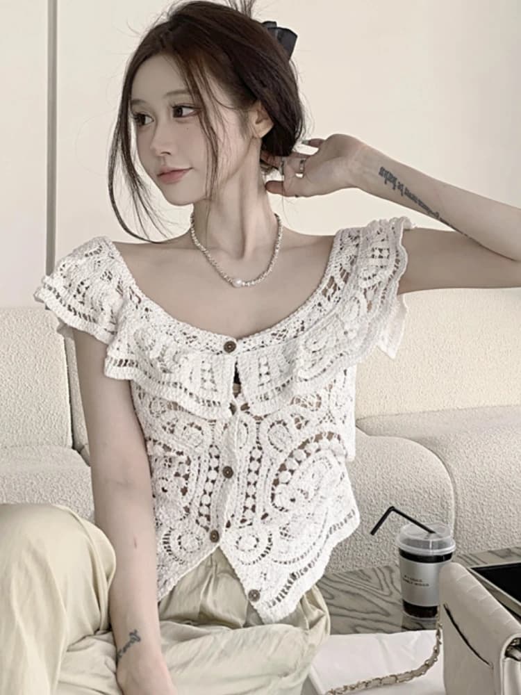 Cardigans femmes élégant évider loisirs Streetwear Design solide tendre attrayant romantique ample à