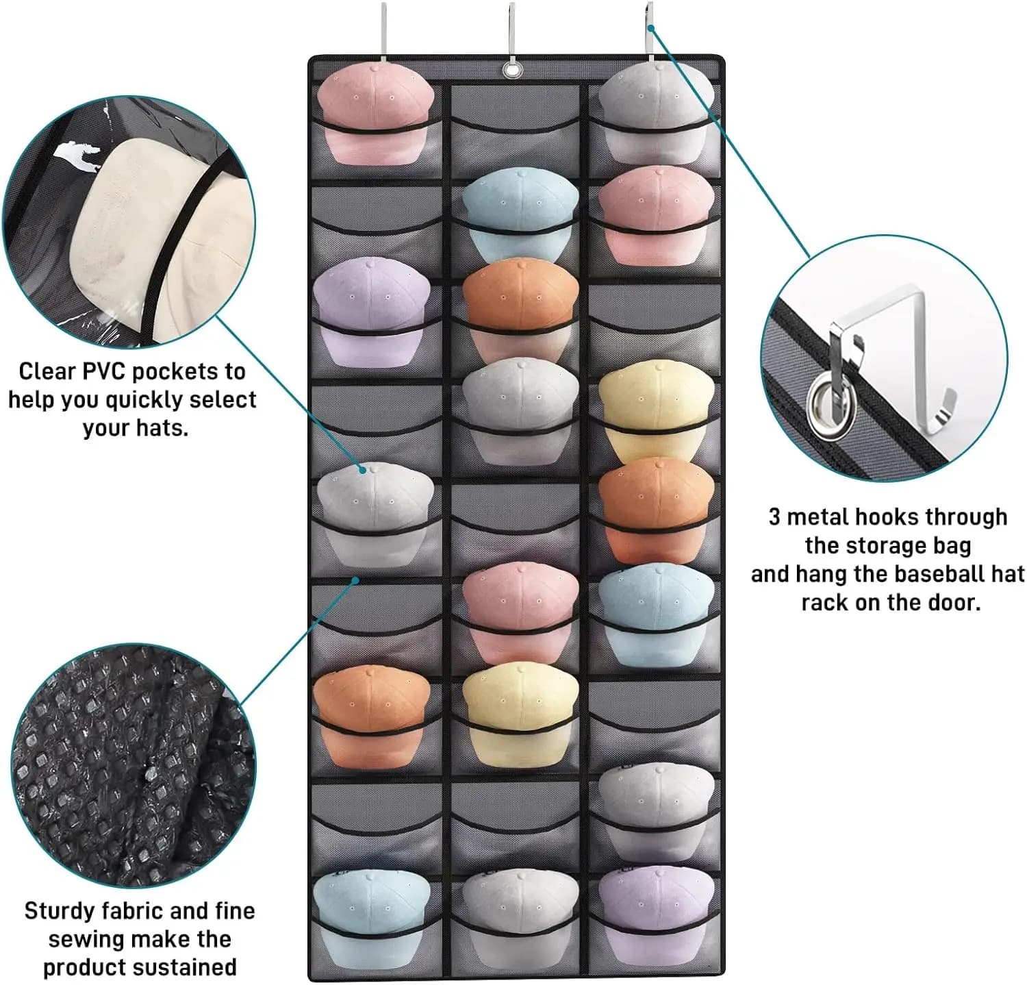 Organisateur de rangement pour chapeaux avec 27 poches transparentes, support de protection pour cha