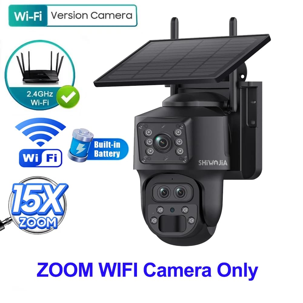 Caméras de sécurité extérieures SHIWOJIA 4K à trois objectifs avec zoom 15X, double écran, 4G SIM, s