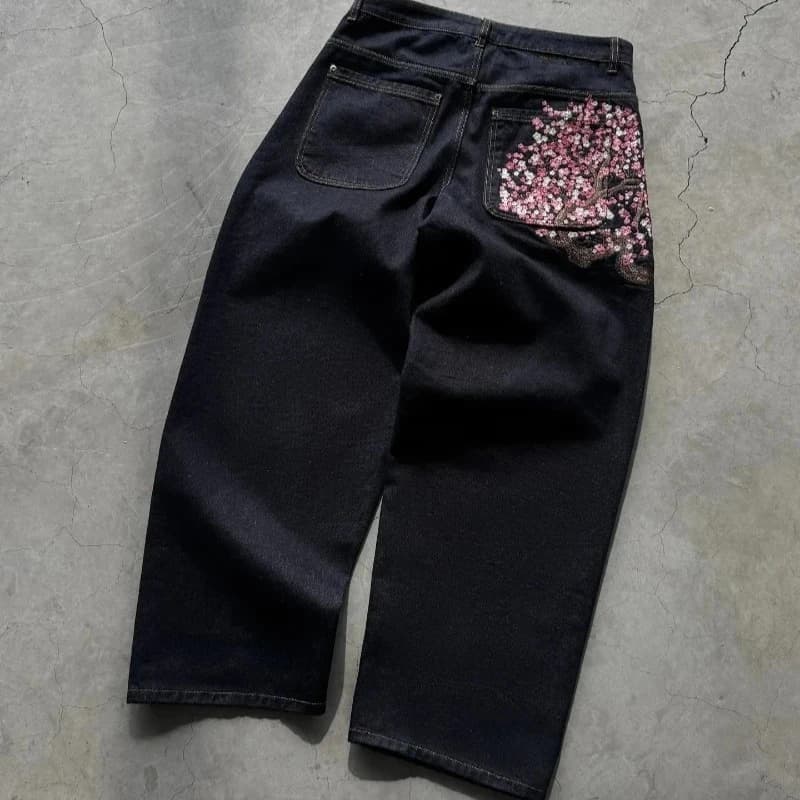 Y2K Baggy jeans fleur de cerisier lisière broderie Denim pantalon hommes femmes denim tissu américai