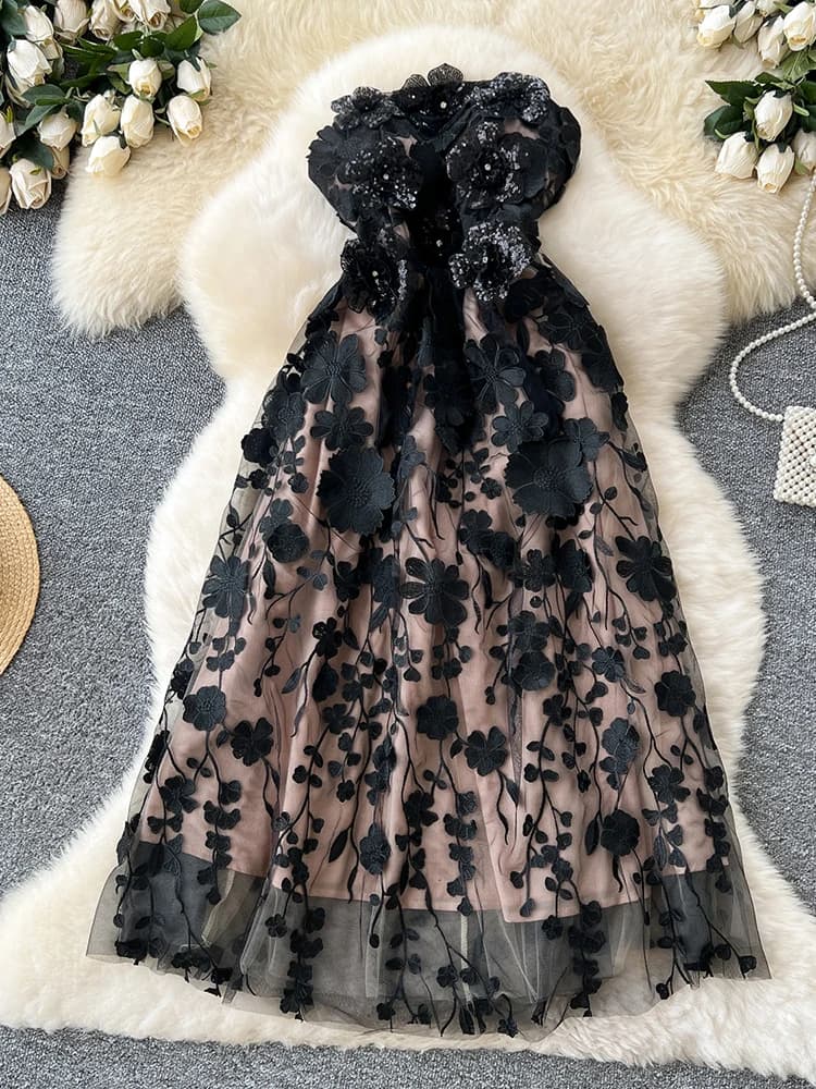 Robe d'été légère de luxe à fleurs tridimensionnelles, sans bretelles, à la mode, élégante, cintrée 