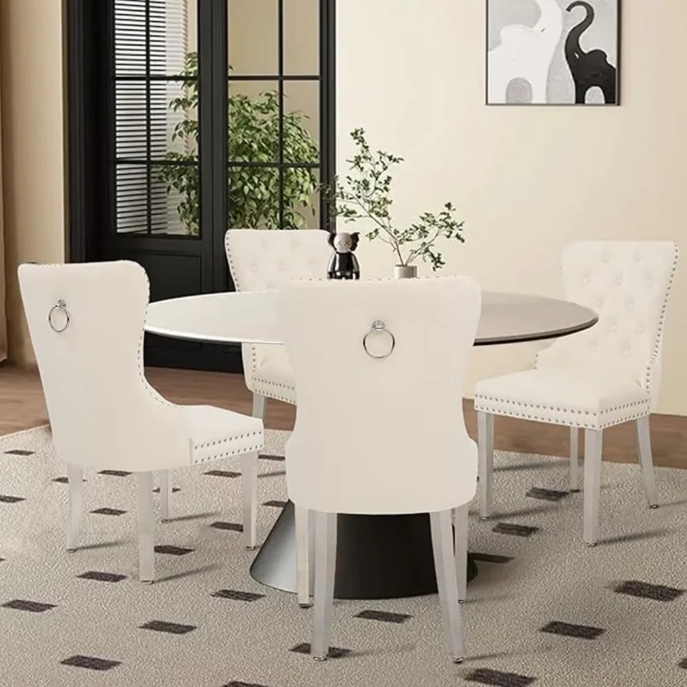 Ensemble de 4 chaises de salle à manger en velours, chaise de salle à manger capitonnée avec anneau 