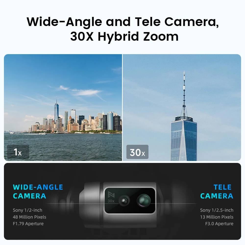 Drone FIMI X8 Tele Max, portée 20 km, caméra téléobjectif grand angle, zoom hybride 30x, 4K 60 ips, 