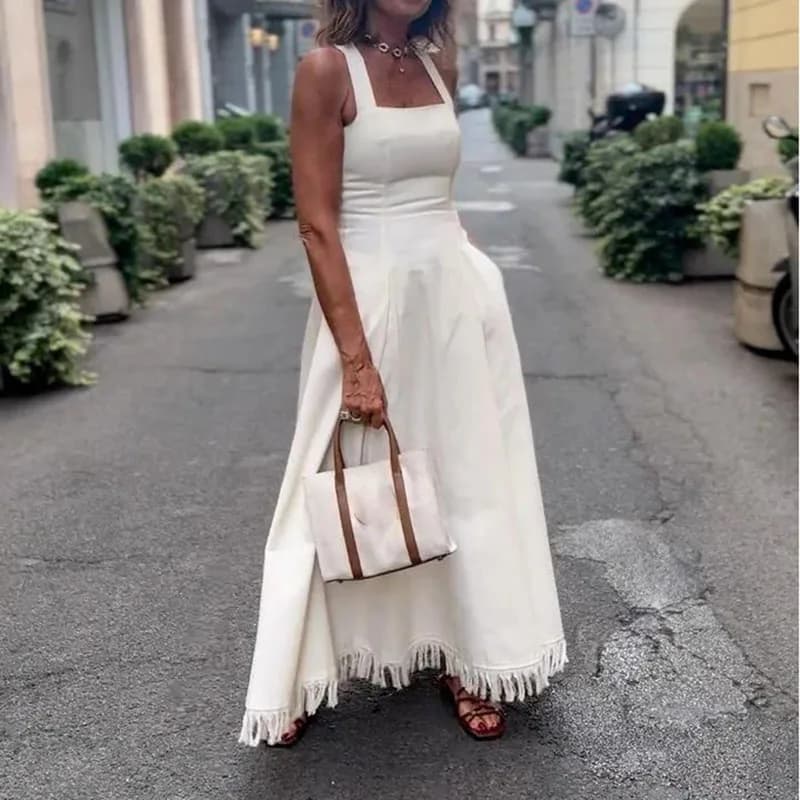 Robe longue d'été à Camisole blanche, décontractée, épaules dénudées, poches, coupe cintrée, élégant