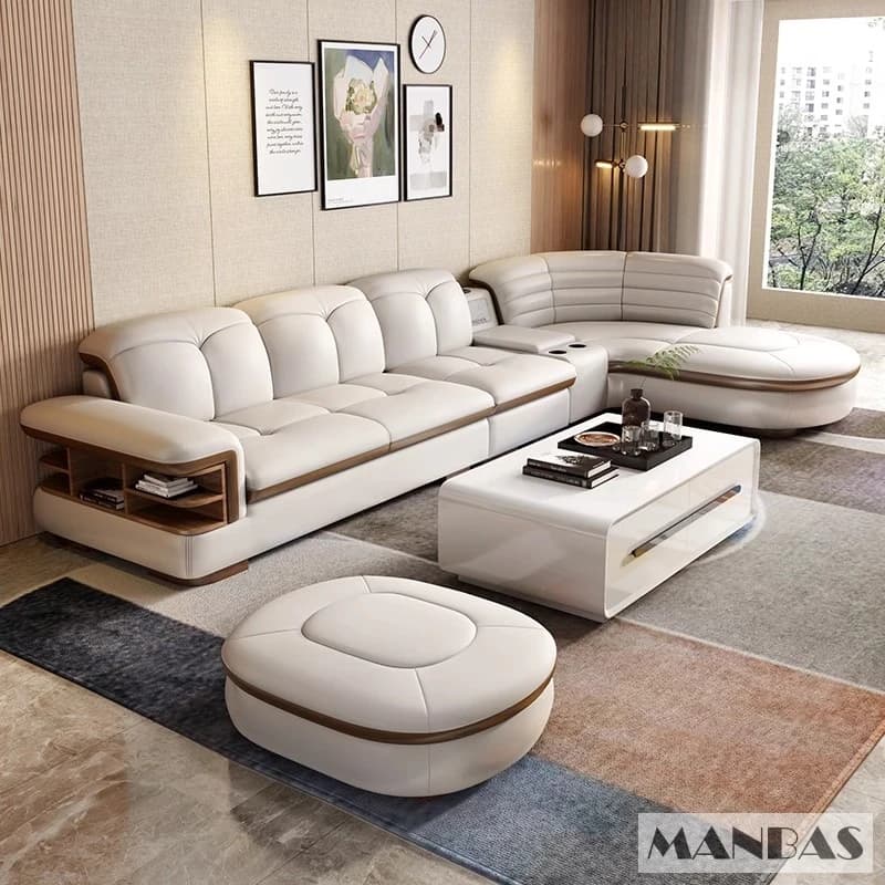 Canapé sectionnel en cuir véritable en forme de L, ensembles de luxe, USB, haut-parleur Bluetooth, s