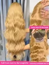 Perruque brésilienne ondulée 34-36 pouces, 27 blond miel, en cheveux humains, avec dentelle frontale