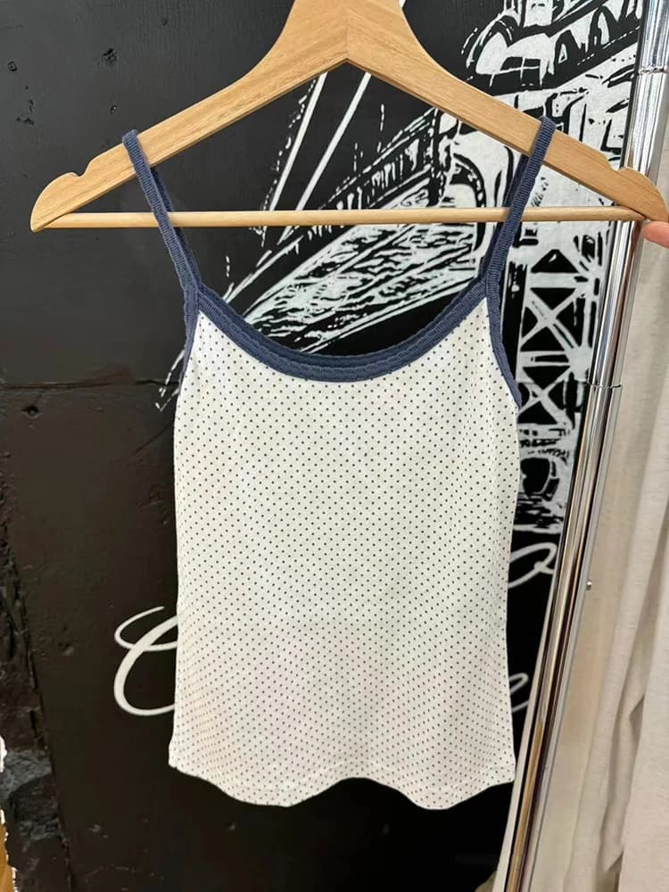 Camisole courte à pois à œillets pour femmes, haut court en fibre de coton, patchwork vintage, dente