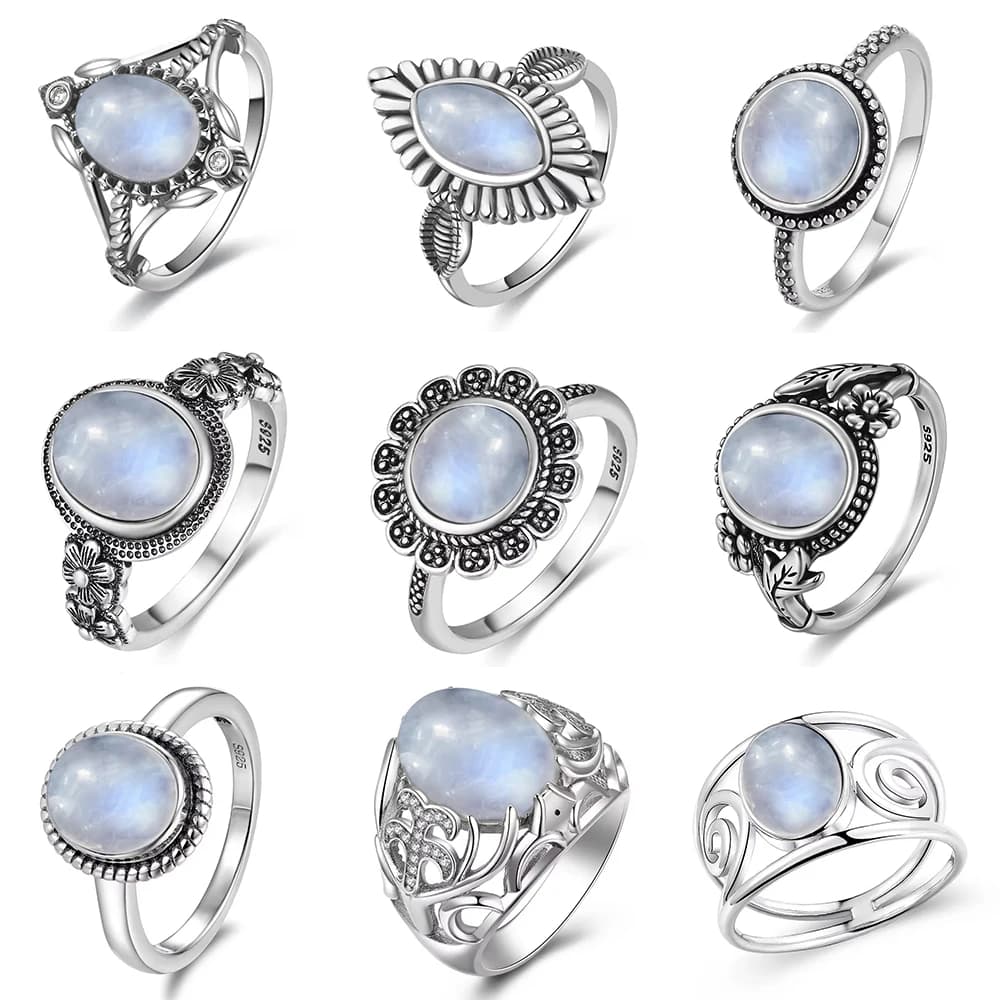 Bague Vintage en argent 925, pierre de lune naturelle, fleur, forme d'oeil creux, ronde, soleil et l