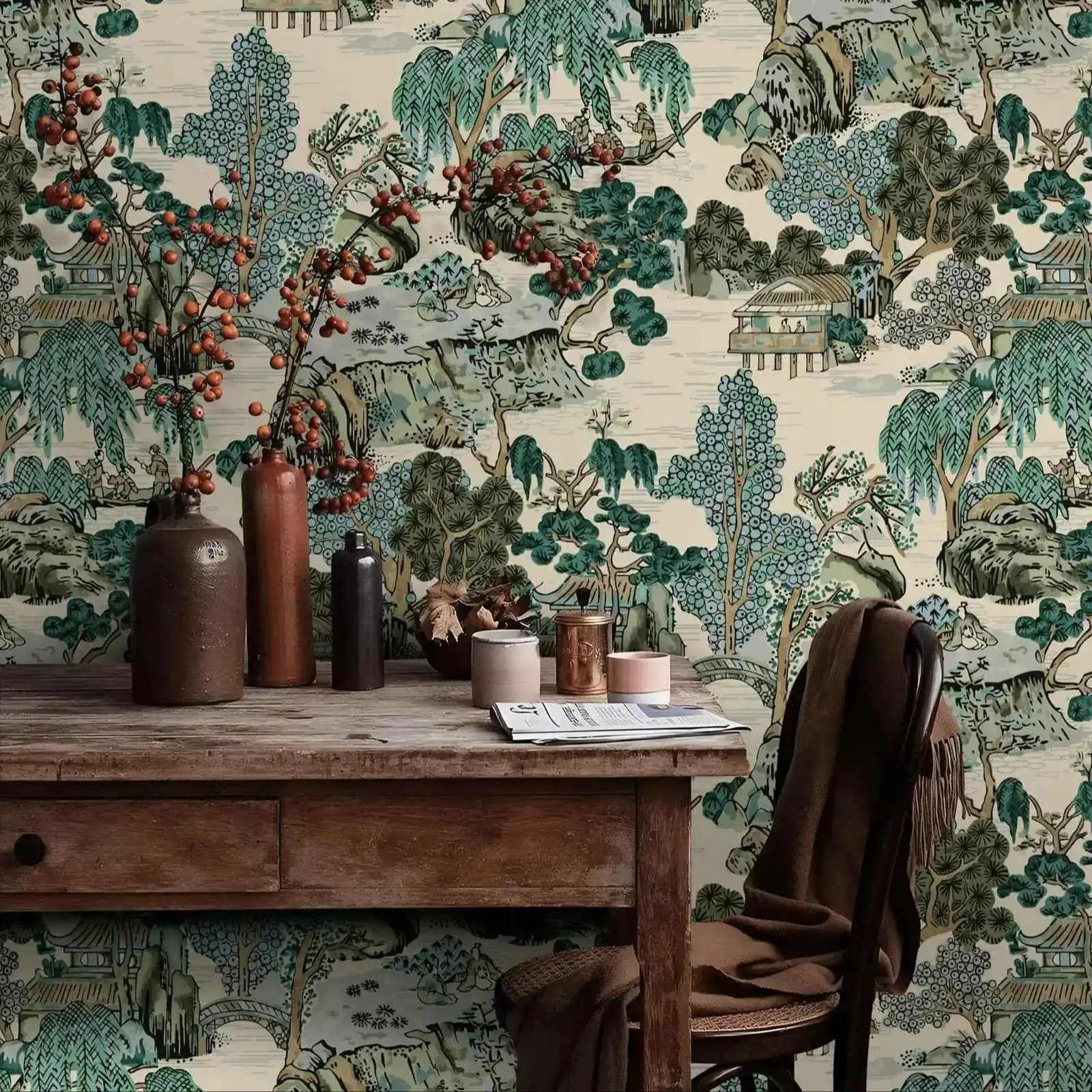 Papier peint Mural de jardin japonais, papier peint de paysage asiatique traditionnel pour décoratio