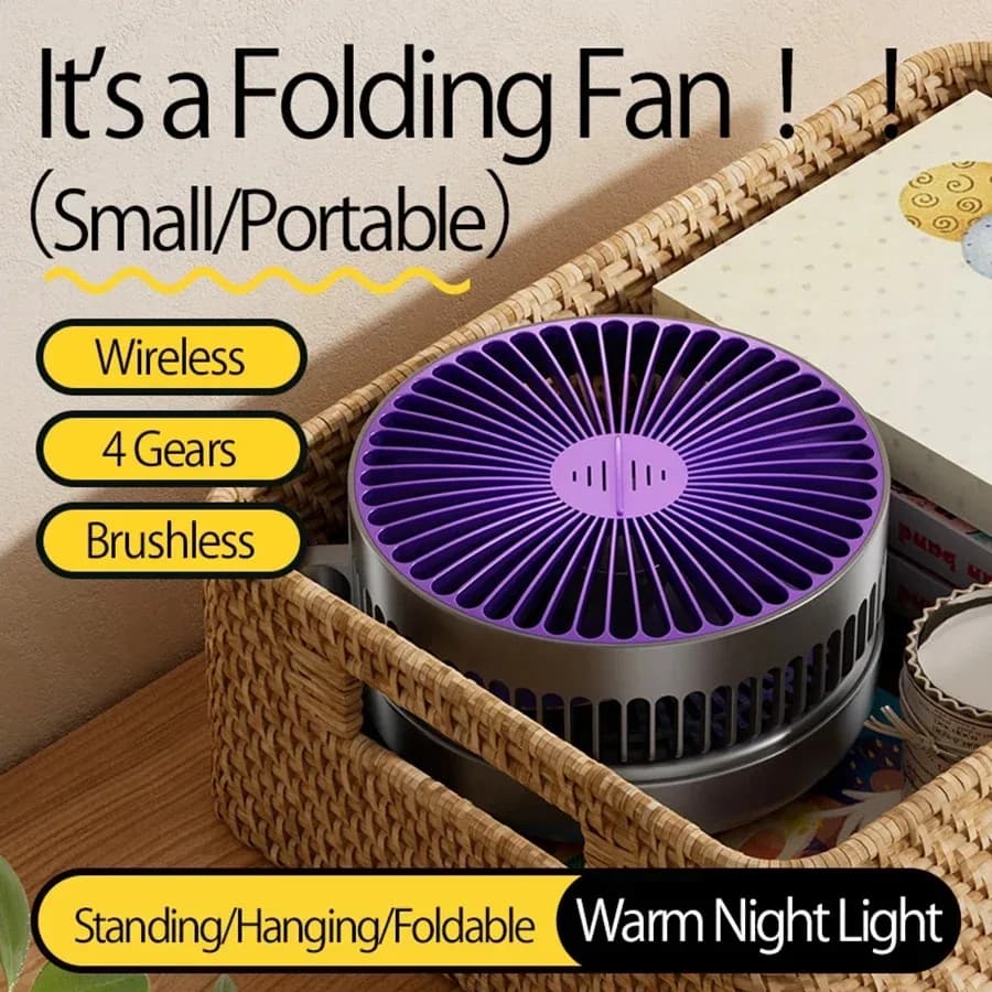 Ventilateur de bureau pliable Mini ventilateur mural avec veilleuse chaude Rechargeable 4 vitesses v