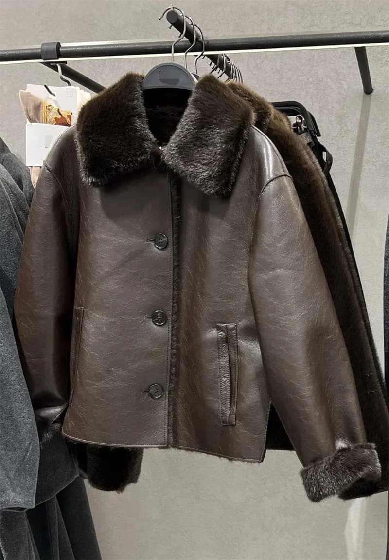 Veste femme 2025 automne/hiver nouveautés marron foncé à manches longues en simili cuir veste révers