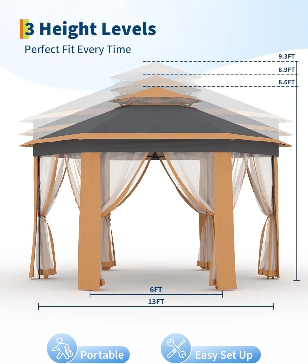 Gazebo hexagonal pop-up 13'x13' avec moustiquaire, tente instantanée, structure en acier et sacs de 