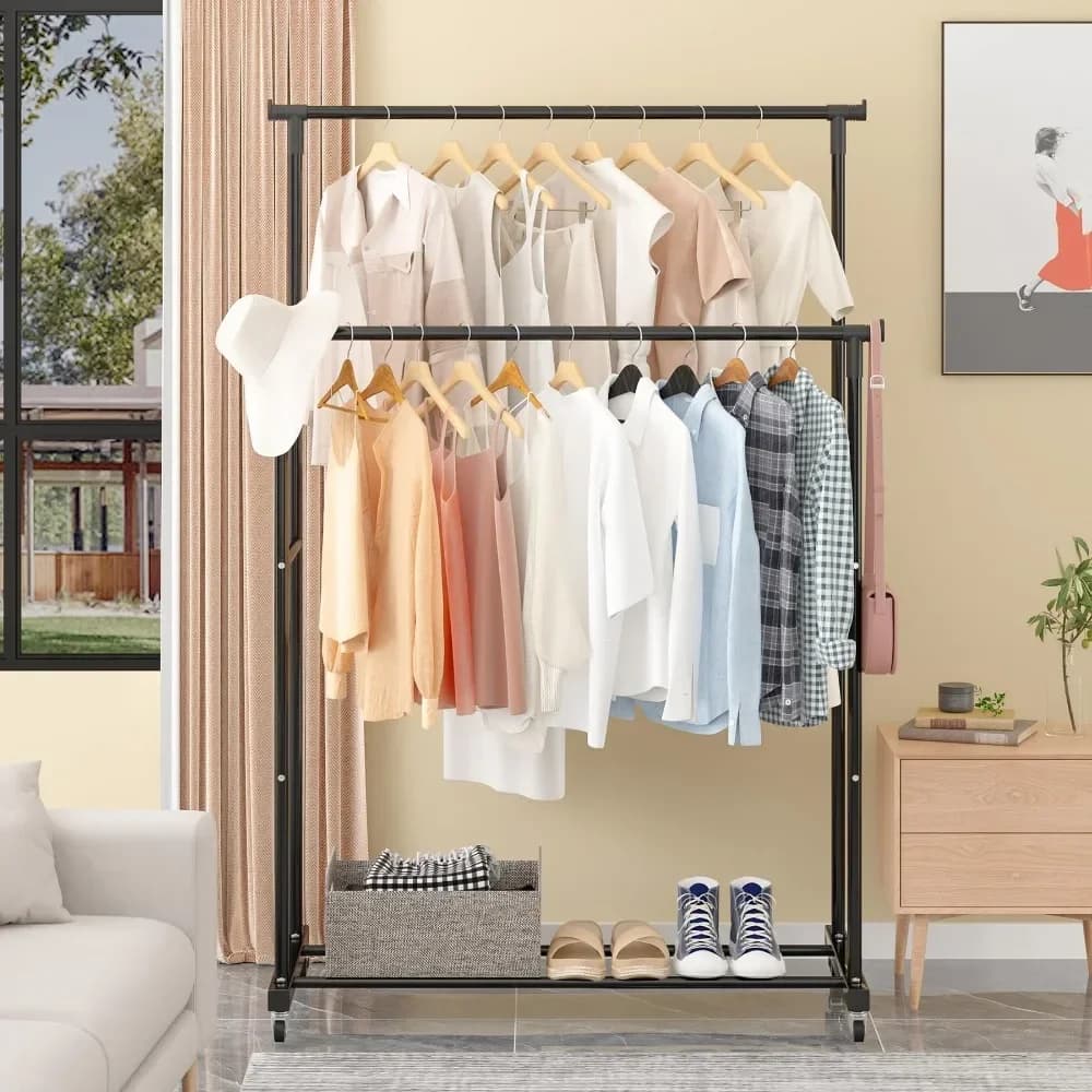 Porte-manteau mobile Double étagère à vêtements tige Simple vêtements sur pied chambre cintres de so