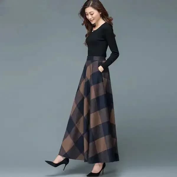 Automne hiver laine jupe à carreaux femmes longue a-ligne grand ourlet robe taille haute jupe longue