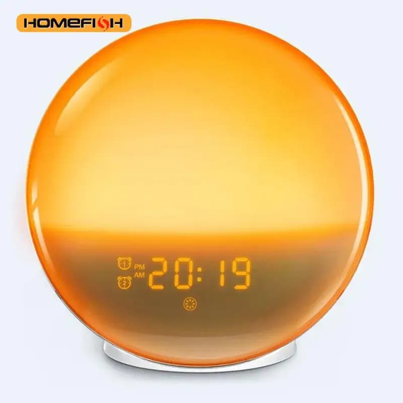 Réveil de simulation de coucher de soleil au lever du soleil avec lumière d'ambiance colorée et fonc