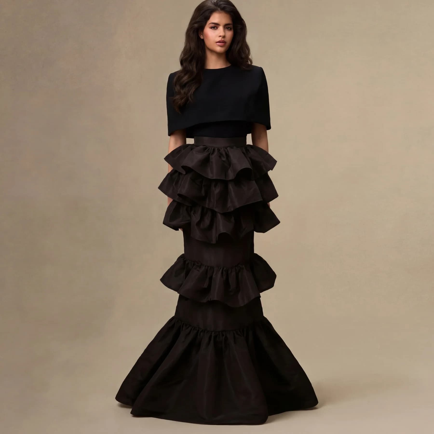 Nouvelle Arrivée Jupe Sirène Noire à Volants Superposés pour Femme Taille Haute 2026 Jupe Longue For