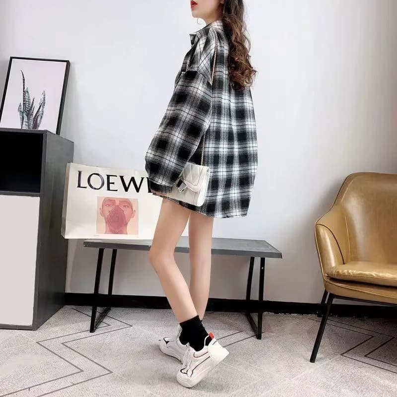 Chemisier style preppy à manches longues pour femme, chemise à carreaux pour fille, chemise surdimen