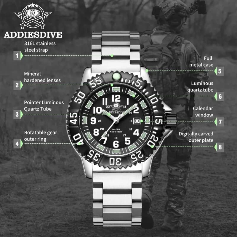Addies Dive-Montre à quartz décontractée pour homme, affichage du calendrier, étanche 50m, tube, cad