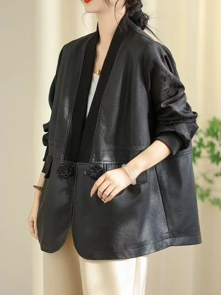 Amax LuluE chinois 2025 automne dames mode Patchwork Faux cuir vestes femmes ample col en V PU mante