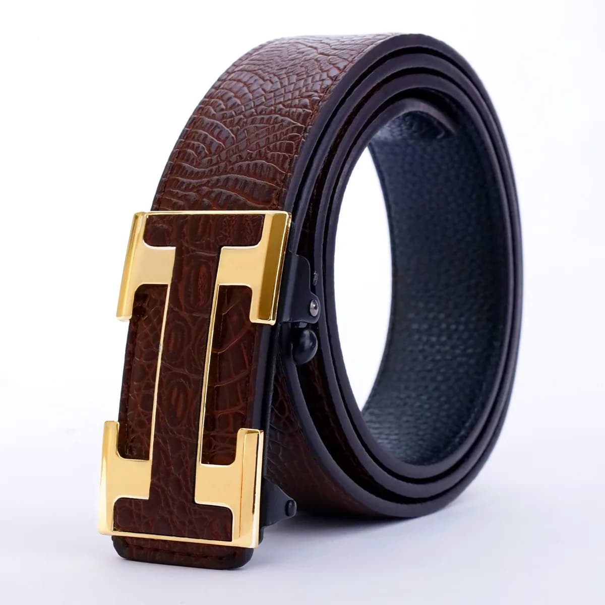 Ceinture élégante à boucle automatique pour hommes – Véritable motif carré texturé en faux, noir, de