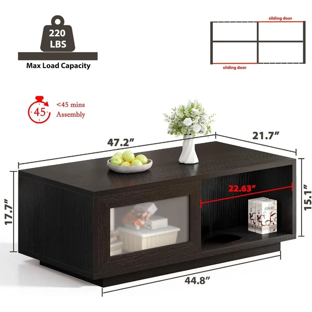 Table basse noire, table basse moderne pour salon, tables basses rectangulaires avec porte coulissan