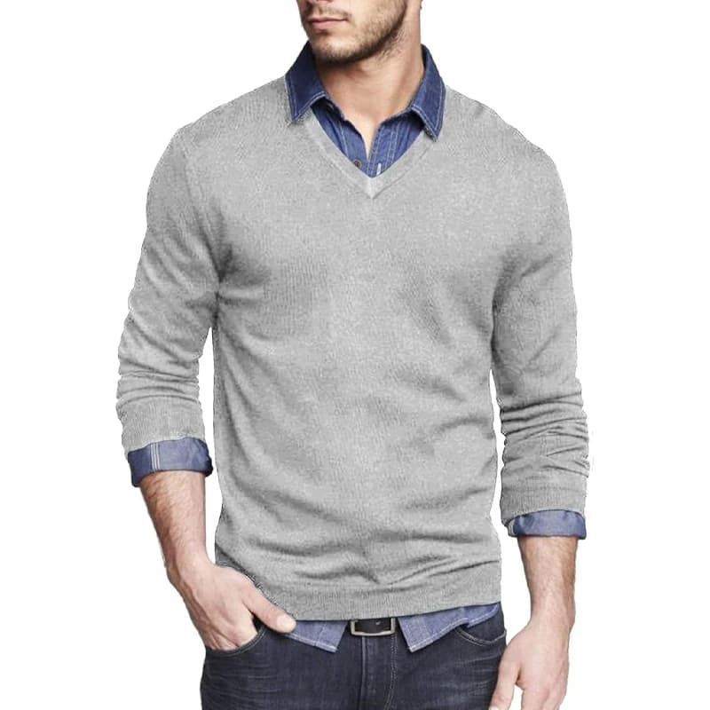 Pull à manches longues et col en V pour hommes, coupe cintrée, en tricot, robe légère, pull décontra