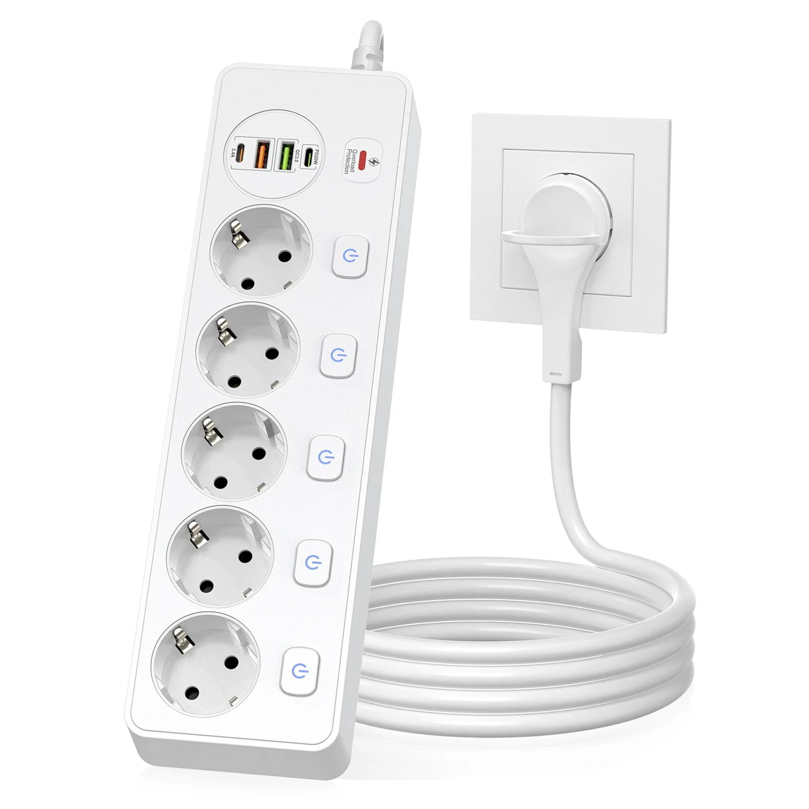 Multiprise intelligente à prise européenne avec port multi USB type-c, prise de contrôle indépendant