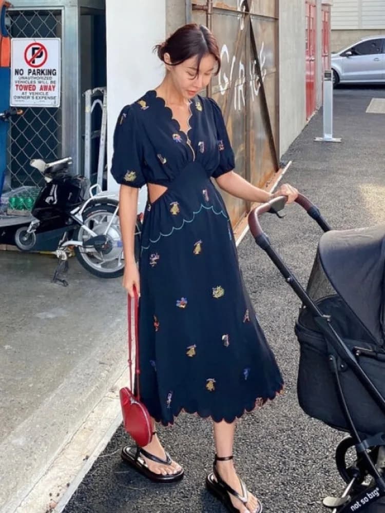 Robe longue en mousseline de soie brodée de fleurs vintage pour femmes, évider, taille incurvée, col